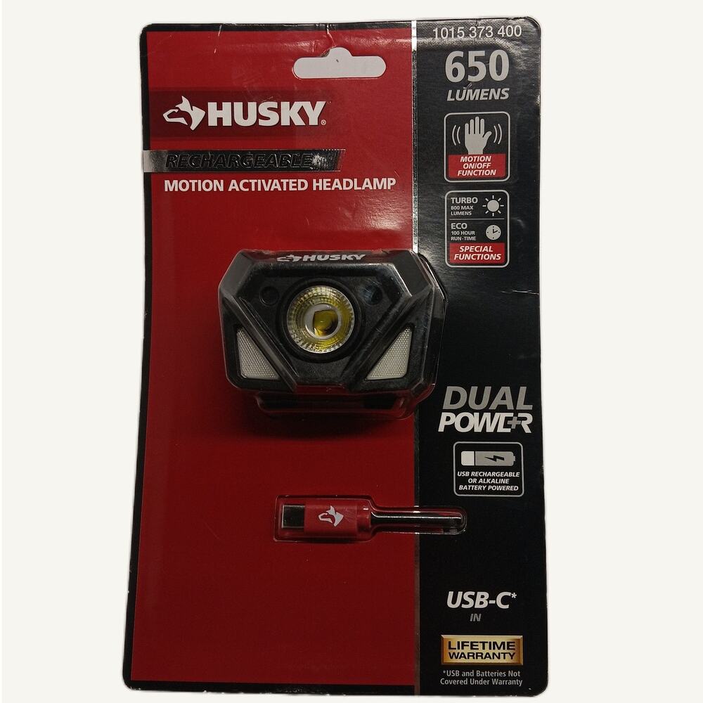 Husky 650 Lumens Rechargeable Motion Activated Headlamp Dual Power USB-C